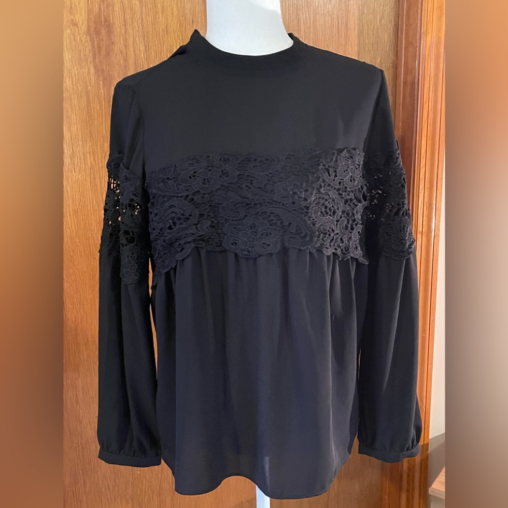 Express Black Long Sleeve Crochet Design Blouse